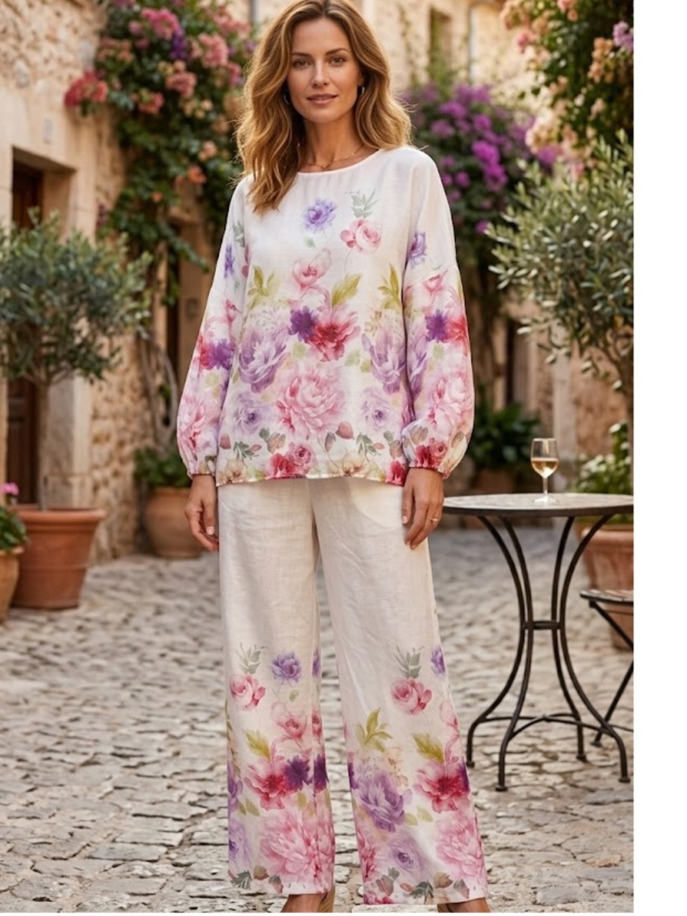 Floral Print Linen Blend Wide-Leg Pants in White